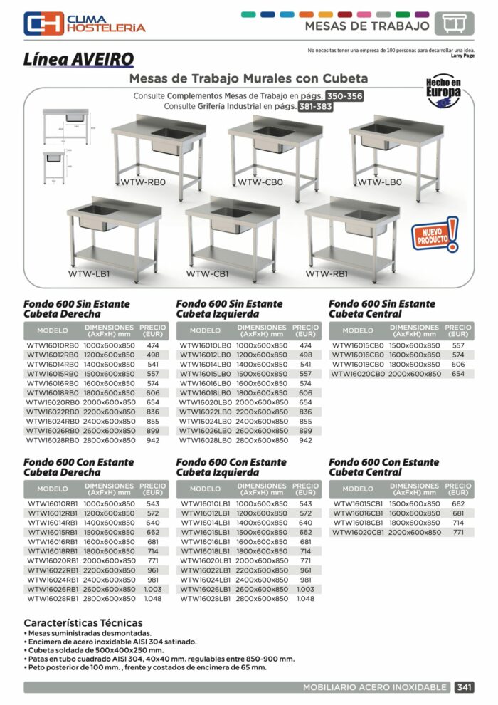 Mesa de Trabajo Acero Inoxidable Mural Sin Estante y Con Cubeta a la izquierda 2400x600x850h mm WTW16024LB0 - Imagen 2