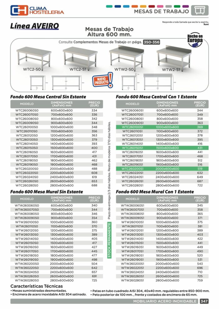 Mesa de Trabajo Acero Inoxidable Baja Central Con 1 Estante 1900x600x600h mm WTC260190S1 - Imagen 2