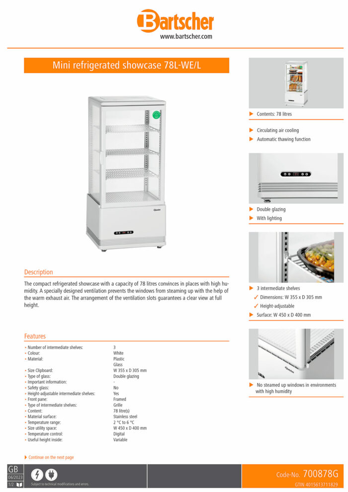 Armario Expositor Refrigerado 78 Litros 1 Puerta de Cristal 450x405x1030h mm 700878G Bartscher - Imagen 2