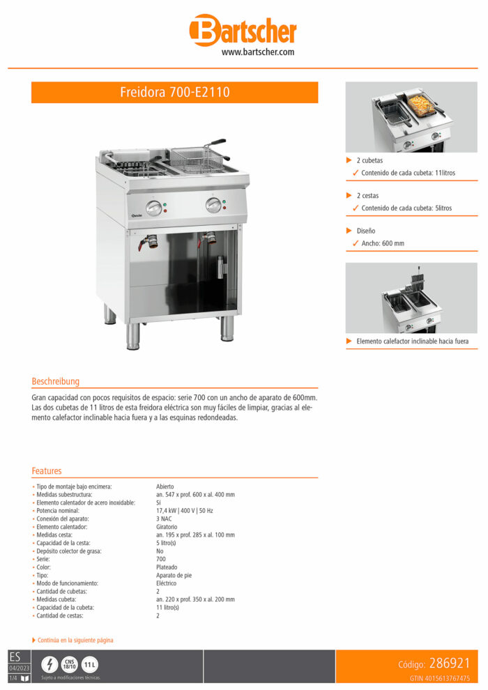 Freidora Eléctrica 11+11 Litros Modular con Grifo de Vaciado Gama 700 - 600x700x850h mm 286921 Bartscher - Imagen 2