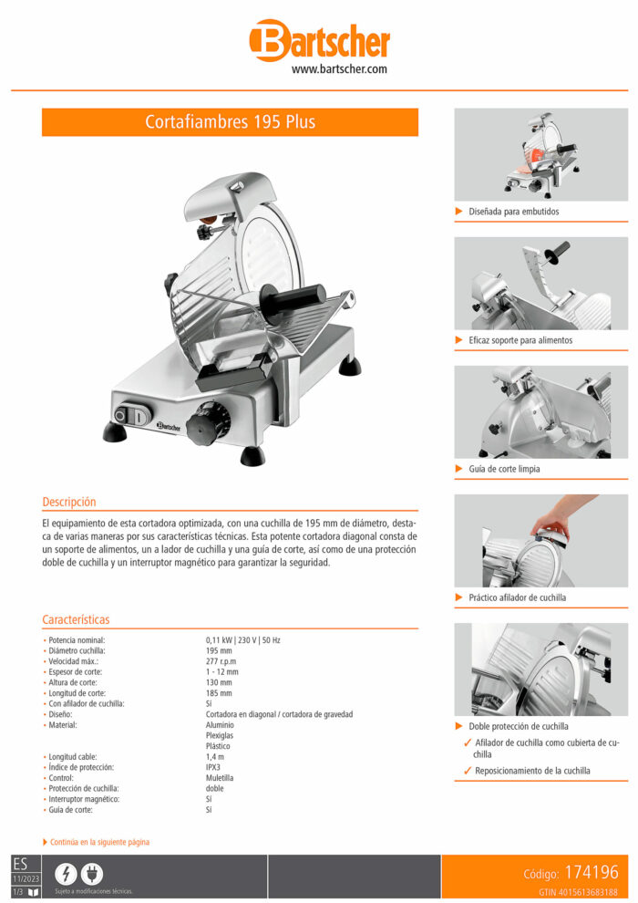Cortadora de Fiambre en Aluminio con Cuchilla 198 mm Gama Plus 335x440x340h mm 174196 Bartscher - Imagen 2