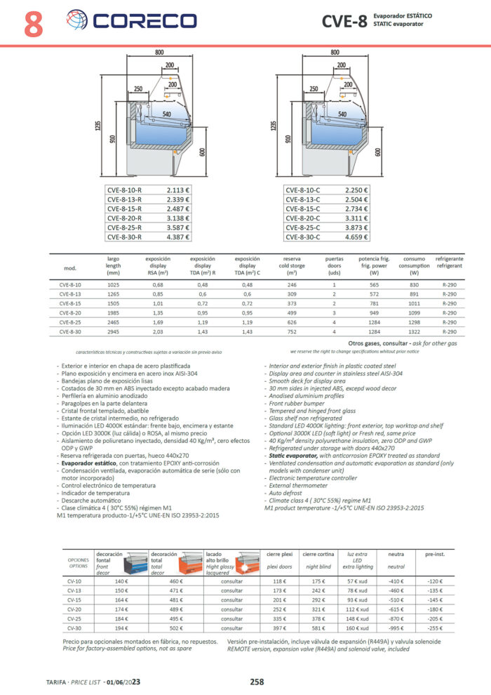 Vitrina Expositora Refrigerada con Reserva Cristal Recto Evaporador Estático SERIE CVE-8 1025x800x1235h mm CVE-8-10-R CORECO - Imagen 3