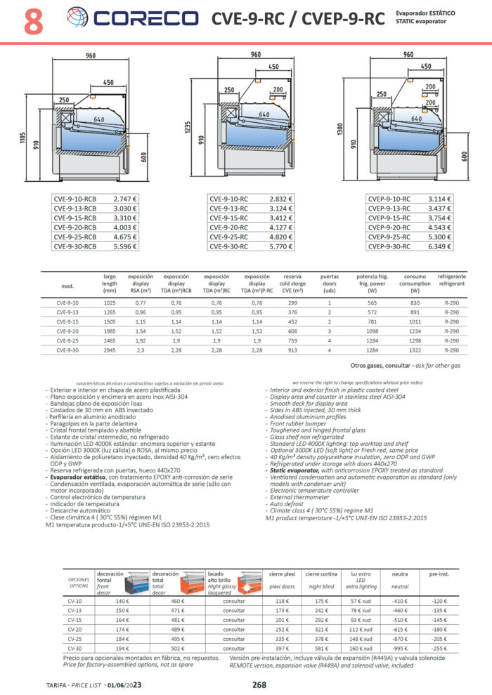 Vitrina Expositora Refrigeradora con Reserva Cristal Recto Evaporador Estático SERIE CVE-9-RC - 1505x960x1105h mm CVE-9-15-RC CORECO - Imagen 3