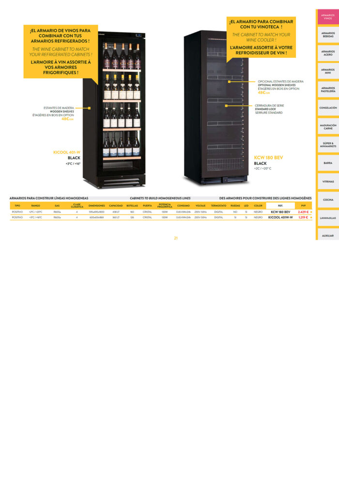 Armario Expositor Refrigerado para Vinos 1 Puerta de Cristal 438 Litros 160 Botellas 5 Estantes 595x690x1800h mm KCW 180 BEV Horekus - Imagen 2