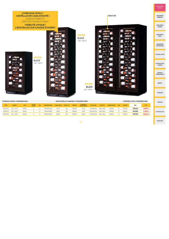 Armario Expositor Refrigerado para Vinos 1 Puerta de Cristal 270 Litros 68 Botellas 5 Estantes 595x690x1200h mm KW120 Horekus - Imagen 2