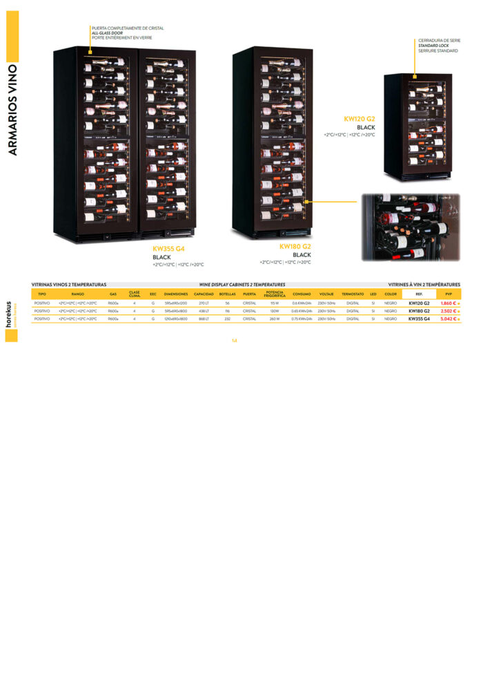 Armario Expositor Refrigerado para Vinos Doble Temperatura 2 Puertas de Cristal 868 Litros 232 Botellas 20 Estantes 1210x690x1800h mm KW355 G4 Horekus - Imagen 2