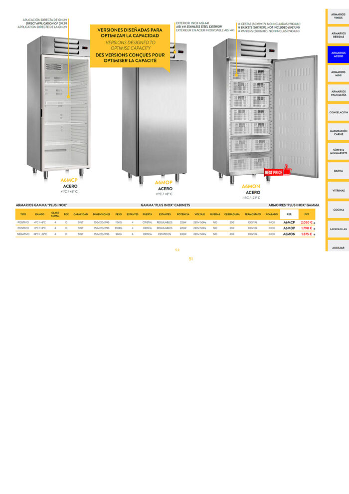 Armario de Congelación Vertical 1 Puerta Opaca Acero Inoxidable 6 Estantes 511 Litros Gama PLUS INOX 750x720x1995h mm A6MON Horekus - Imagen 2