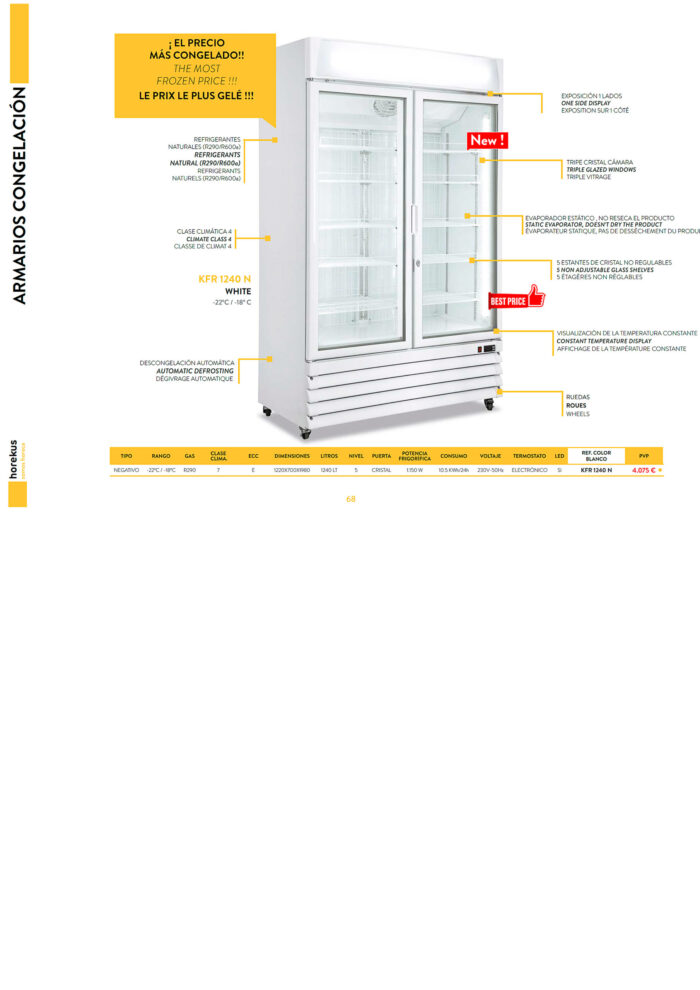 Armario Expositor de Congelación 2 Puertas de Cristal 1240 Litros 5 Estantes 1220x700x1980h mm KFR 1240 N Horekus - Imagen 2