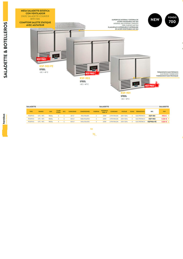 Mesa Refrigerada Acero Inoxidable 3 Puertas Opacas 400 Litros 4 Estantes 1400x700x1010h mm KSF903-PZ Horekus - Imagen 2