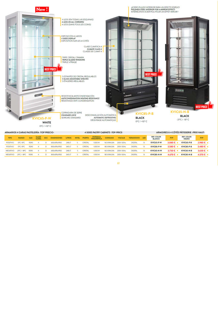 Vitrina Expositora Refrigerada para Pastelería 1 Puerta de Cristal 340 Litros en Blanco 5 Estantes 850x595x1950h mm KVIC85-P-W Horekus - Imagen 2