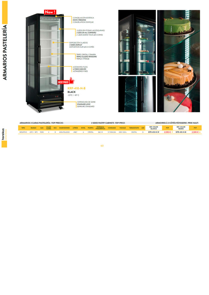 Vitrina Expositora de Congelación para Pastelería 1 Puerta de Cristal 418 Litros en Negro 6 Estantes 600x700x2020h mm KFR-410-N-B Horekus - Imagen 2