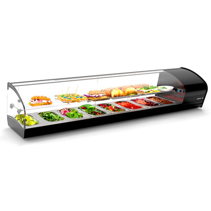 Vitrina Expositora Expositora para Tapas 1 Estante 8 Bandejas GN 1/3x40 Cristal Curvo Sobremesa Gama SHARK 1680x395x340h mm SK28 Sayl