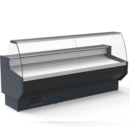 Vitrina Expositora Refrigerada con Reserva para Carnicería y Charcutería Cristal Curvo Evaporador Estático Serie NERIA VED-8-C 2945x800x1235h mm VED-8-30-C Docriluc