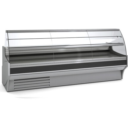 Vitrina Expositora Refrigerada con Reserva para Pastelería Cristal Curvo Evaporador Estático Serie VESPER VEP-9-C 2945x940x1300h mm VEP-9-30-C Docriluc