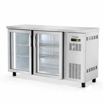 Mesa Refrigerada Acero Inoxidable 2 Puertas de Cristal 325 Litros 4 Estantes Serie DSB 1485x530x880h mm DSBIE-150 Docriluc