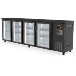 Mesa Refrigerada Acero Plastificado Negro 4 Puertas de Cristal 650 Litros 8 Estantes Serie DSB 2565x530x880h mm DSBE-250 Docriluc