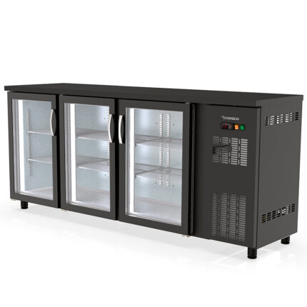 Mesa Refrigerada Acero Plastificado Negro 3 Puertas de Cristal 490 Litros 4 Estantes Serie DSB 2025x530x880h mm DSBE-200 Docriluc