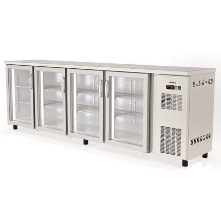 Mesa Refrigerada Acero Inoxidable 4 Puertas de Cristal 650 Litros 8 Estantes Serie DSB 2565x530x880h mm DSBIE-250 Docriluc