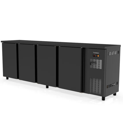 Mesa Refrigerada Acero Plastificado Negro 4 Puertas Opaca 650 Litros 4 Estantes Serie DSB 2565x530x880h mm DSB-250 Docriluc