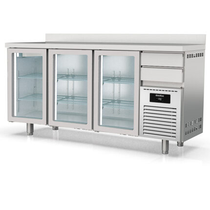 Frente Mostrador Refrigerado Acero Inoxidable 3 Puertas de Cristal 504 Litros Serie SOLARE 2020x600x1040h mm MFRV-200 Docriluc