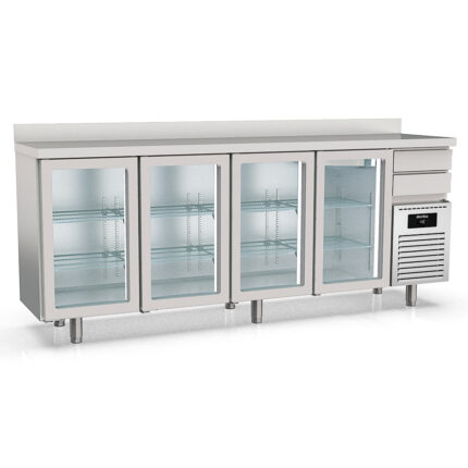 Frente Mostrador Refrigerado Acero Inoxidable 4 Puertas de Cristal 684 Litros Serie SOLARE 2545x600x1040h mm MFRV-250 Docriluc