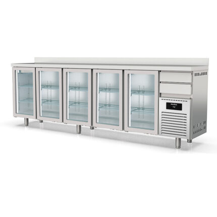 Frente Mostrador Refrigerado Acero Inoxidable 5 Puertas de Cristal 863 Litros Serie SOLARE 3070x600x1040h mm MFRV-300 Docriluc