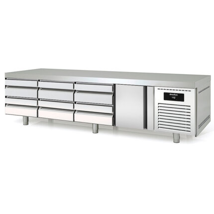 Mesa Refrigerada Acero Inoxidable 1 Puerta Opaca 1 Estante 6 Cajones 264 Litros Serie LUMINIS 2245x700x600h mm MKRC-225 Docriluc