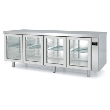 Mesa Refrigerada Acero Inoxidable 4 Puertas de Cristal 4 Estantes 761 Litros Serie ILUMIA 2545x800x850h mm MPRV-250 Docriluc