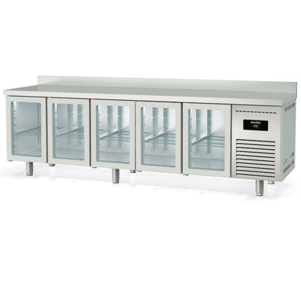 Mesa Refrigerada Acero Inoxidable GN 1/1 - 5 Puertas de Cristal 5 Estantes 686 Litros Serie CLARION 2695x700x850h mm MGRV-270 Docriluc