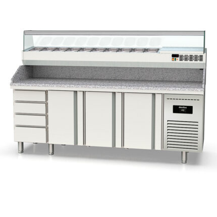 Mesa Refrigerada para Pizza 10 Cubetas 3 Puertas Opacas 3 Estantes 399 Litros Serie CRUSTUM 2245x700x850h mm MPIC-70-225 Docriluc