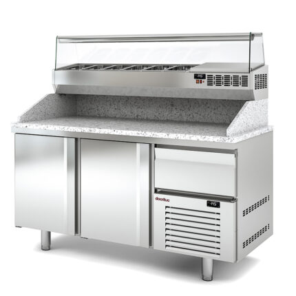 Mesa Refrigerada para Pizza 2 Puertas Opacas 362 Litros Serie CRUSTUM 1565x800x850h mm MPI-80-160-R Docriluc