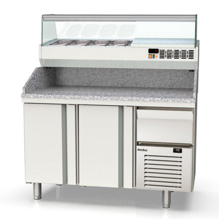 Mesa Refrigerada para Pizza 5 Cubetas GN 1/4 - 2 Puertas Opacas 2 Estantes 255 Litros Serie CRUSTUM 1345x700x850h mm MPI-70-135-R Docriluc