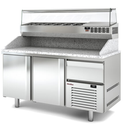 Mesa Refrigerada para Pizza 6 Cubetas GN 1/4 - 2 Puertas Opacas 362 Litros Serie CRUSTUM 1495x800x850h mm MPI-80-150-R Docriluc