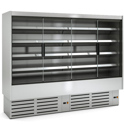 Mural Refrigerado Inoxidable para Carnes y Lácteos 4 Puertas 8 Estantes Evaporador Ventilado Serie CEDAR 2560x897x2000h mm DG3 25 I M1-M2 Docriluc