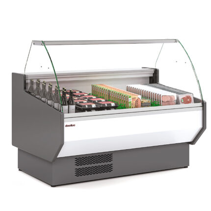 Vitrina Expositora Refrigerada para Carnicería y Charcutería con Reserva Cristal Curvo Evaporador Ventilado Serie NERIA VED-10-C-TF 2945X1080x1235h mm VED-10-30-C-TF Docriluc