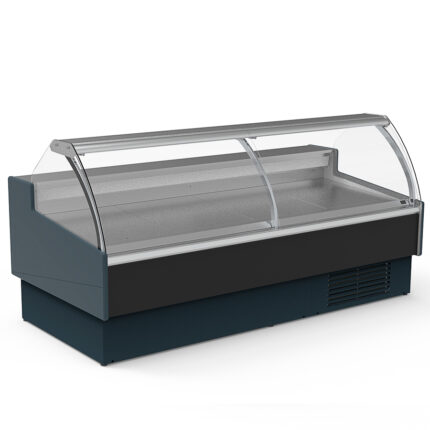 Vitrina Expositora Refrigerada para Carnicería y Charcutería con Reserva Cristal Curvo Evaporador Ventilado Serie OLIRA VE-12-C-TF 2560x1215x1245h mm VE-12-25-C-TF Docriluc