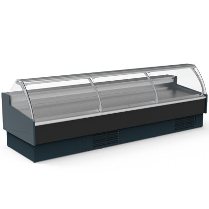 Vitrina Expositora Refrigerada para Carnicería y Charcutería con Reserva Cristal Curvo Evaporador Ventilado Serie OLIRA VE-12-C-TF 3185x1215x1245h mm  VE-12-37-C-TF Docriluc