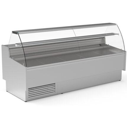 Vitrina Expositora Refrigerada para Carnicería y Charcutería sin Reserva Cristal Curvo Evaporador Estático Serie CALYPSSO VES-9-C-P 2465x930x1235h mm VES-9-25-C-P-EF Docriluc