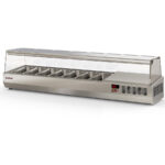 Vitrina de Ingredientes Refrigerada 11 Cubetas GN 1/3 Cúpula de Cristal Serie VORTEX 2545x396x436h mm IE-1/3-250 Docriluc