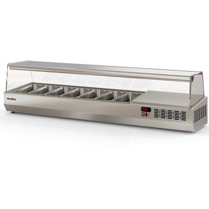 Vitrina de Ingredientes Refrigerada 11 Cubetas GN 1/3 Cúpula de Cristal Serie VORTEX 2545x396x436h mm IE-1/3-250 Docriluc