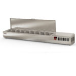 Vitrina de Ingredientes Refrigerada 11 Cubetas GN 1/3 Tapa Inox Serie VORTEX 2545x396x605h mm IE-1/3-250-T Docriluc