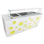 Mesa Topping 36 GN 1/6 Frio, Neutro y Calor para Ingredientes Cristal Recto con Reserva 385 Litros 2500x900x1200h mm MALTA250 INFRIMA