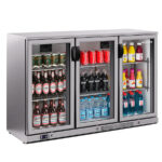 Armario Expositor Refrigerado Acero Inoxidable 3 Puertas de Cristal 2 Estantes 296 Litros Gama ERV 1350x510x850h mm ERV 35 II SH Infrico