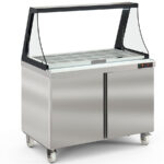 Mesa Refrigerada para Ingredientes Acero Inoxidable Tapa Elevable de Cristal 18 Cubetas GN1/6 -100 - 2 Puertas Opacas 4 Estantes 204 Litros Gama US RANGE DSDTP-LGL 1228x830x1550h mm DSDTP-48-18-LGL Docriluc