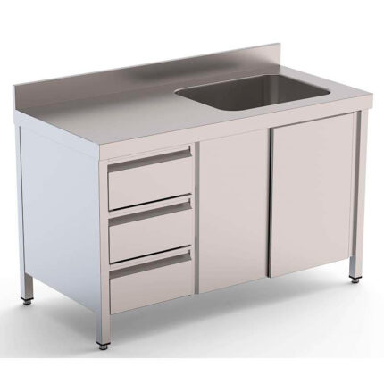 Mesa de Trabajo Acero Mural Con Puertas y Con Cubeta a la Derecha y Cajones 2400x700x850h mm WTW17024RBSDDL